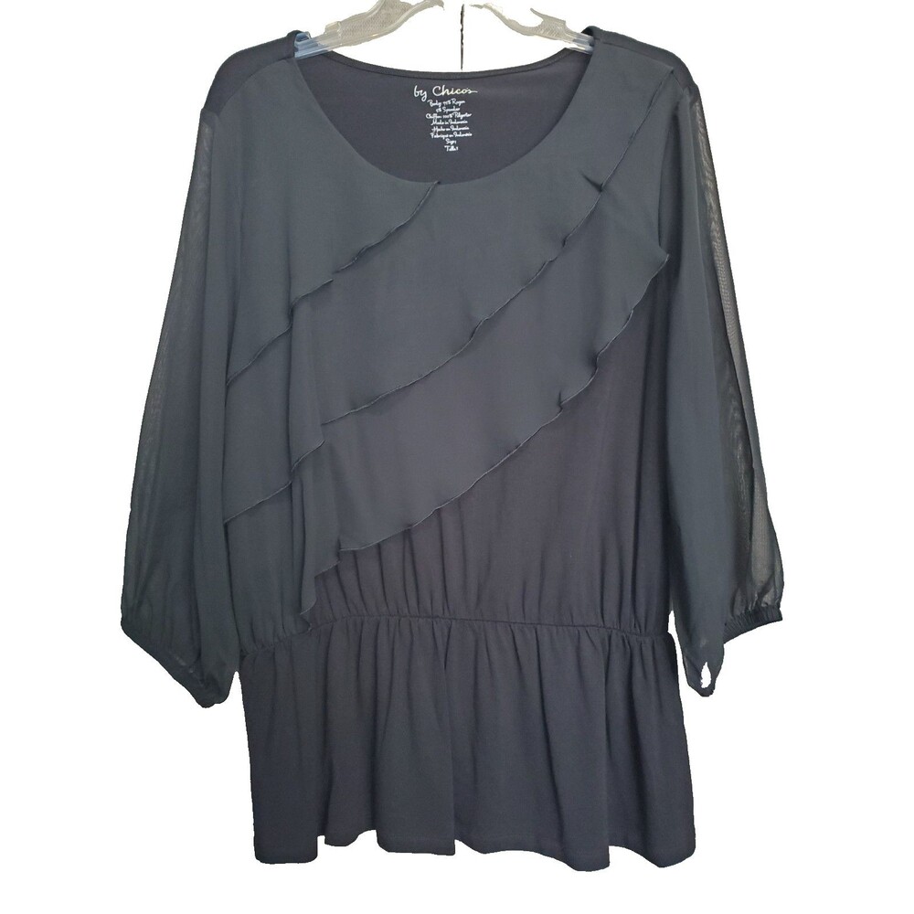 Chico's Black Jersey Knit Chiffon Ruffle Front Elastic Waist Tunic Size 1 MEDIUM